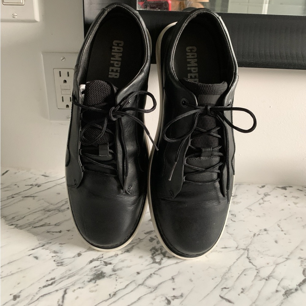 Camper Black Leather Sneakers with White Soles